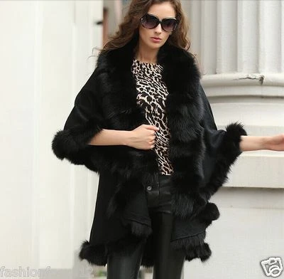 Real Fox Fur Burrs Cape Coat Knited Stretch Fabric Poncho Shawl Black - Image 1 of 4