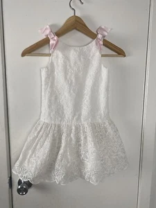 Janie and Jack Girls White Embroidered Pink Bow Wedding Flower Girl Dress Size 6 - Picture 1 of 14