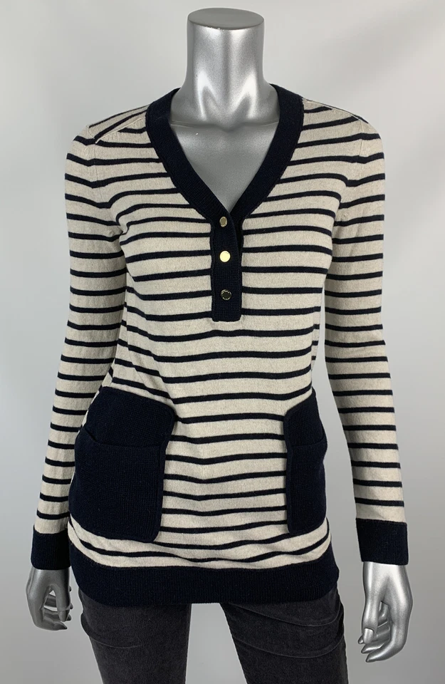 Suéter Tory Burch para mujer XS lana cachemir marfil azul rayas doradas broches de presión  Foto 1 de 4