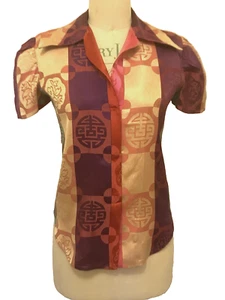 Vintage 1940's novelty oriental damask blouse shirt big collar petite purplepink - Picture 1 of 17