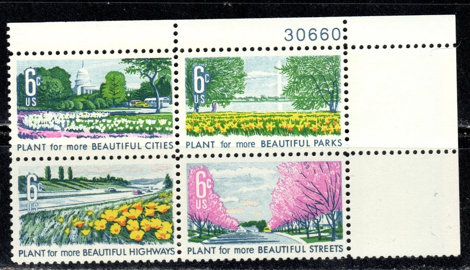 #1365-68 1969 6-cent  Beautification  se-tenant block of 4 with plate# MNH - Image 1 of 1