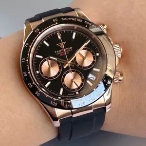 Tandorio Rose Gold 39mm Chronograph Sapphire Crystal Men Watch VK63 Quartz Steel - Picture 1 of 36