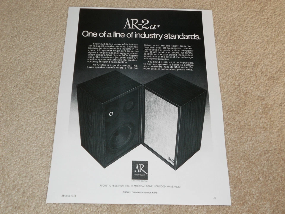 Anuncio de altavoz Acoustic Research AR-2ax, 1974, 1 página, artículo, información Foto 1 de 1