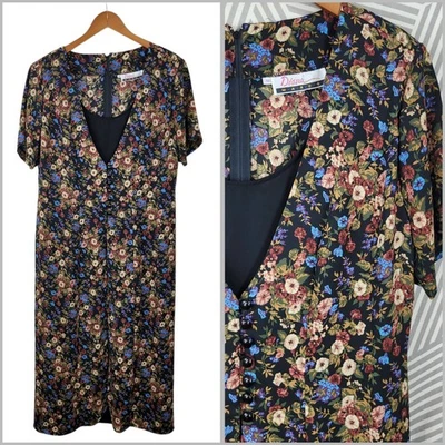 Vintage Floral Dress Plus size 18 18W 2X Alt Rose Romantic Tie Back Black Pink - Image 1 of 4
