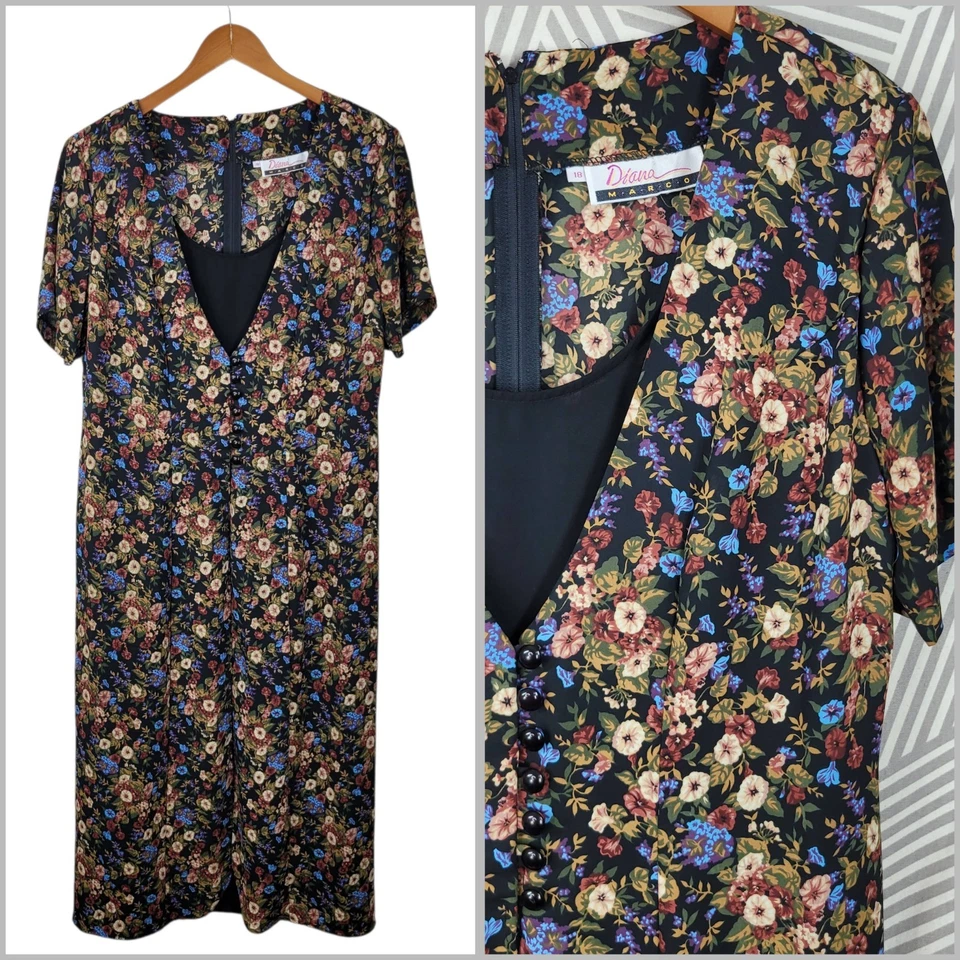 Vintage Floral Dress Plus size 18 18W 2X Alt Rose Romantic Tie Back Black Pink - Image 1 of 4