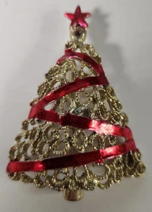 Vintage Red & Goldtone Christmas Tree Pin Brooch W/ Roll Over Clasp 2.25" Tall - Picture 1 of 3