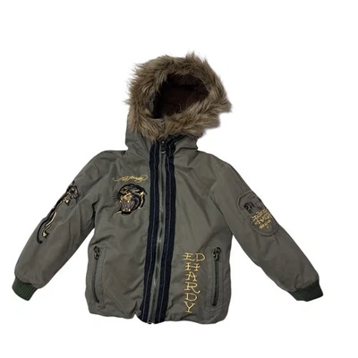 Abrigo Ed Hardy Niños 6-7 Verde Oliva Pantera Imitación Piel Capucha Y2K Cremallera Foto 1 de 4