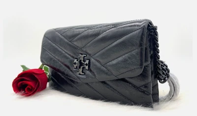 AUTH NWT $448 Tory Burch Kira Chevron Crinkled Leather Logo Chain On Wallet-BLK - Image 1 of 4