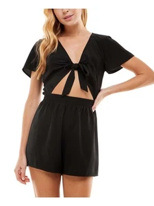 BEBOP Womens Black Tie Front Flutter Sleeve V Neck High Waist Romper XXS - Picture 1 of 11