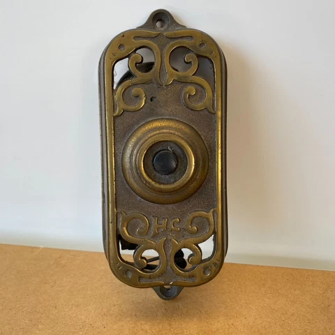 Vintage Antique Brass Doorbell H.C. HC Decorative Ornate Button FAST SHIPPING Cover
