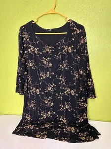 Vintage Black Shirt Dress Flowers All Over Print Floral - Picture 1 of 4
