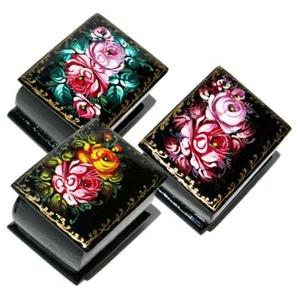 Caja en miniatura de laca rusa de flores, caja floral hecha a mano, conjunto de 3 - Imagen 1 de 6