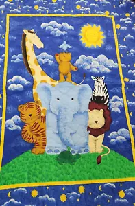 Blue Jungle Animal Safari Quilted Vintage Baby Blanket Retro Nursery Blankie - Picture 1 of 8