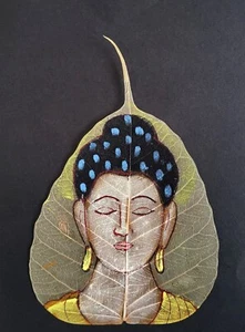 Buddha Handmade Indian Leaf Painting - Pipal Leaf Art (9 * 6.5 inch)- Wall Decor - Picture 1 of 1