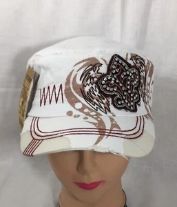 Mütze Strass Fleur de Lis Flügel Stickerei Distressed Kadett Vintage weiß - Bild 1 von 5