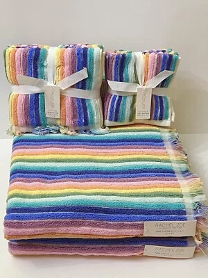 Juego de toallas de paño 100 % algodón Rachel Zoe RAINBOW STRIPES 2 baños 2 manos 4 piezas Foto 1 de 4