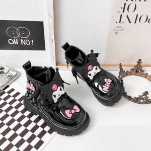 Cartoon Kuromi Autume/Winter Girls Black Shoes Lesther Short Boots - Picture 1 of 5