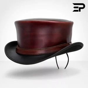 Klassischer weinroter Lederhut mit schwarzer Krempe - handgefertigter Steampunk formeller Hut - Bild 1 von 4