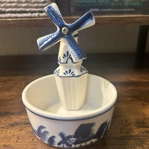 Vintage Delft Blue White Windmill Planter Trinket Dish Porcelain Spins - Picture 1 of 8