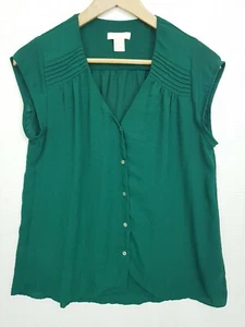 H&M Conscious Size US 6 Bottle Green Sheer Shirt Blouse Top with Shell Buttons - Picture 1 of 6