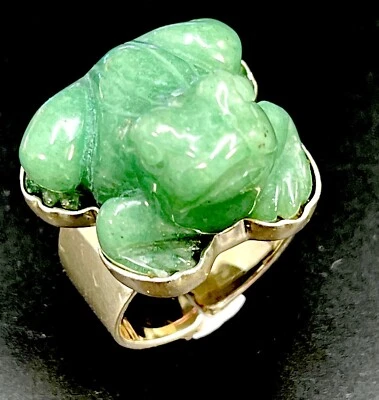 SAJEN PLATA ESTERLINA 925 TALLADA VERDE JADE RANA DIMENSIONAL AJUS. ANILLO CÓCTEL Foto 1 de 4