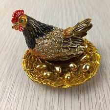 QIFU Hen & Eggs Enamel Hand Painted Rhinestone Gold Hinged Trinket Box Chicken