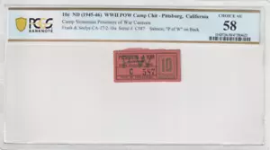 USA WWII POW Camp Chit -Pittsburg, California , 10 cents, Camp Stoneman AU58 - Picture 1 of 2
