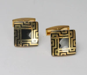 Gold Plated Black Greek Key Design Square Cufflinks - Picture 1 of 4