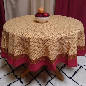 Handmade 100% Cotton Floral Tablecloth Round 88 in Gold Red Kitchen Dining Linen - Picture 1 of 5