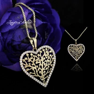 ORO 9K GF Árbol de la Vida Corazón Dije Colgante Diamante Simulado Amor COLLAR REGALO Foto 1 de 4