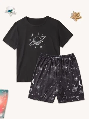 New Men's Galaxy Pajama Set - Size M to XXL - Short Sleeve & Shorts Comfy Soft - Image 1 of 4