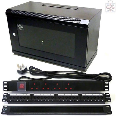 6U Black 300mm Data Cabinet + C5e Patch Panel, PDU, Brush Bar Network Comms Rack - Image 1 of 4