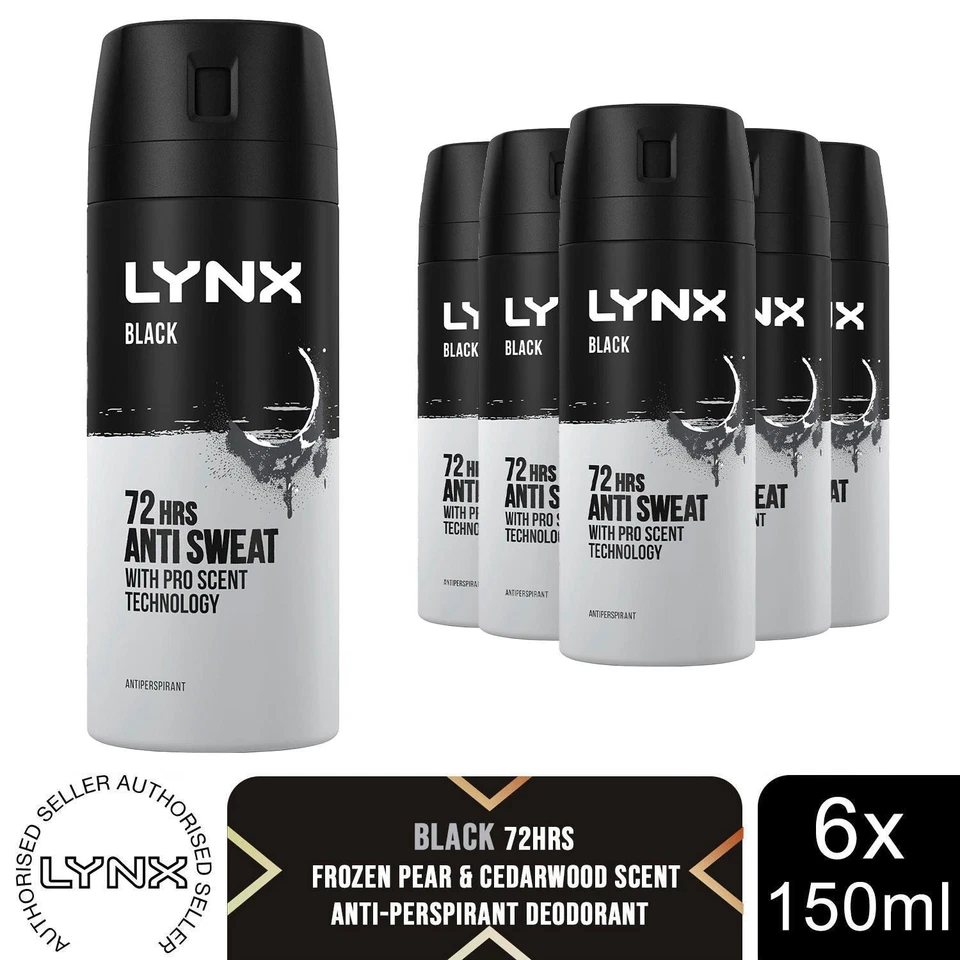 Lynx Black 72 HRS Anti Schweiß Anti-Transpirant Körperspray für Männer, 6x150ml