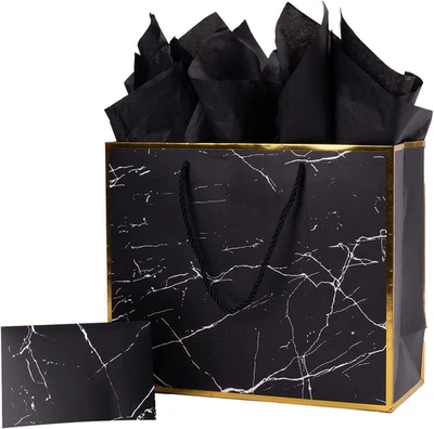 Bolsa de Regalo Premium Mármol Negra 12" con Papel de Pañuelo para Hombre Cumpleaños Aniversario Foto 1 de 4