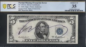 SERIES 1953A MISSING SERIAL # OVERPRINT ERROR $5 SILVER CERTIFICATE! PCGS 35! - Picture 1 of 2