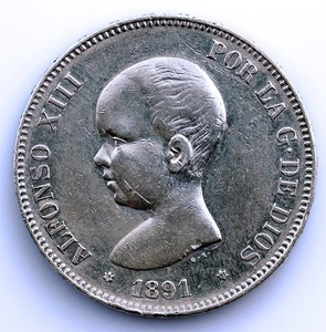 SC-Spain-Alfonso XIII. 5 Pesetas. 1891*18-91 PGM. Madrid. MBC+/VF+ Plata 25 g. - Picture 1 of 2