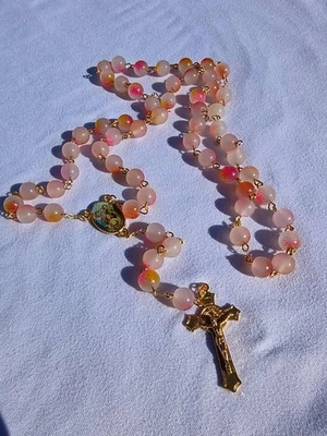 Rosy Dawn – 8mm Frosted Pink Sunrise Glass Rosary with Gold Crucifix A19 - Image 1 of 4
