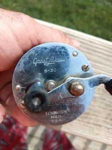 Great Lakes S-30 Vintage Engraved Metal Casting Fishing Reel, Cork Spool. Works. - Picture 1 of 10
