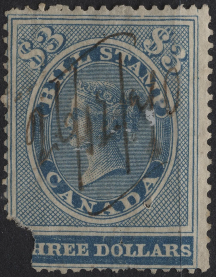 Canada 1864 VanDam #FB17 - $3.00 blue, bill stamp, 1st issue, used, dmg - Image 1 of 1