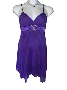 Deb Purple Y2K Babydoll Handkerchief Hem Fairy Princess Dress Rhinestone Belt M - Picture 1 of 12