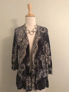 Chico's Size 1 (M 8) Navy Blue Paisley Print Ruffle Bottom Cardigan Sweater - Picture 1 of 12