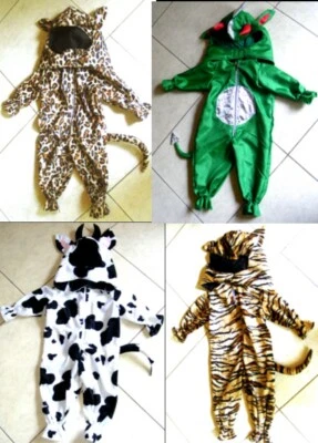 Toddler animal jumpsuit playsuit with hood hat Leopard Tiger Cow Dragon Aged 1-2 - Image 1 of 4