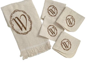 Vintage Mid Century Kanone Beige Monogrammiert mit Handtuch (1) & Waschlappen (4) Set - Bild 1 von 7