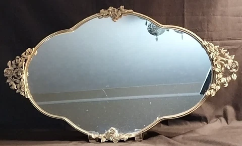 VTG Antique Mirror Serving Tray Gold Metal Rosebud Handle Excellent Condition! Cover