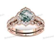 "Exquisite 14K White Gold Moss Agate Engagement and Wedding Ring Set Bridal set