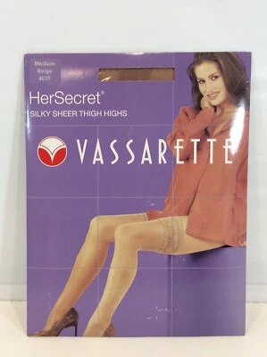 Vintage Vassarette Her Secret Silky Sheer Thigh Highs Floral Lace Beige Medium - Image 1 of 2