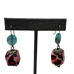 Pierced Earrings Pink Leopard Square Glass Wire Drop Dangle with Blue Stones - Picture 1 of 7