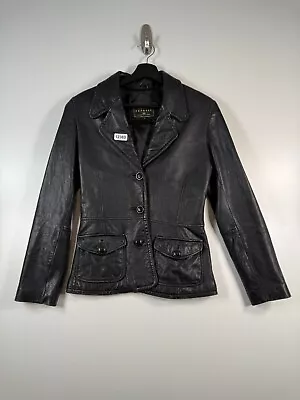 Chaqueta de motociclista Express de cuero genuino con botones para mujer negra talla pequeña 17,5x25 Foto 1 de 4