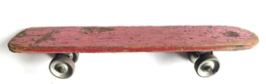 ORIGINAL VINTAGE 1960's RED 19" WOOD WITH METAL SKATE WHEELS SIDEWALK SKATEBOARD - Picture 1 of 5