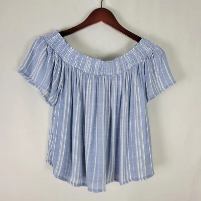 Jolt рубашка женщин маленький синий плиссированные верхний в полоску со сборками лодка шеи короткий рукав - Изображение 1 из 4